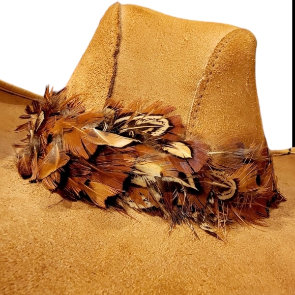 Cowboy Hat Suede With Pheasant Feathers Womens Large - Picture 10 of 11